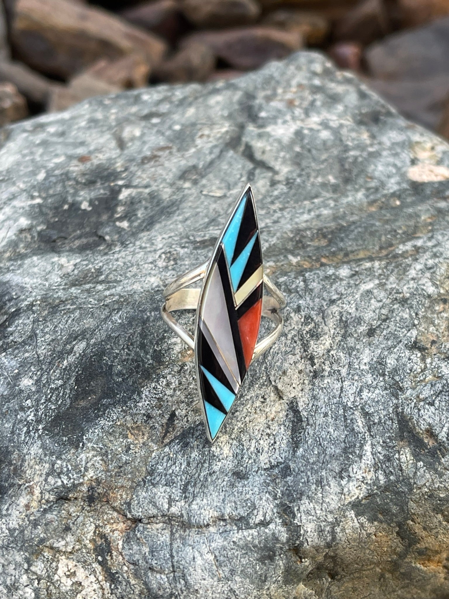 Sterling Silver Marquee Shape Zuni Inlay Ring - Size 6