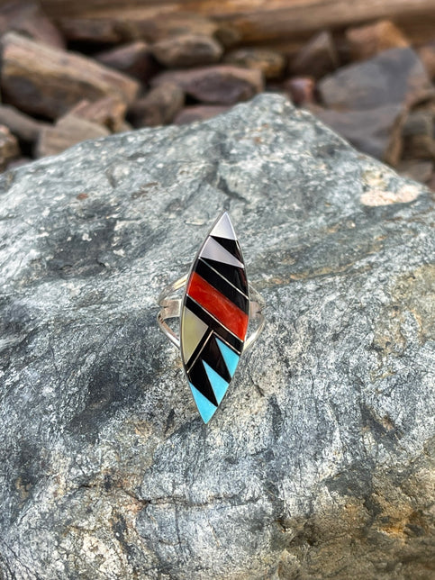 Handmade Sterling Silver Marquee Shape Zuni Inlay Turquoise and Onyx Ring - Size 7