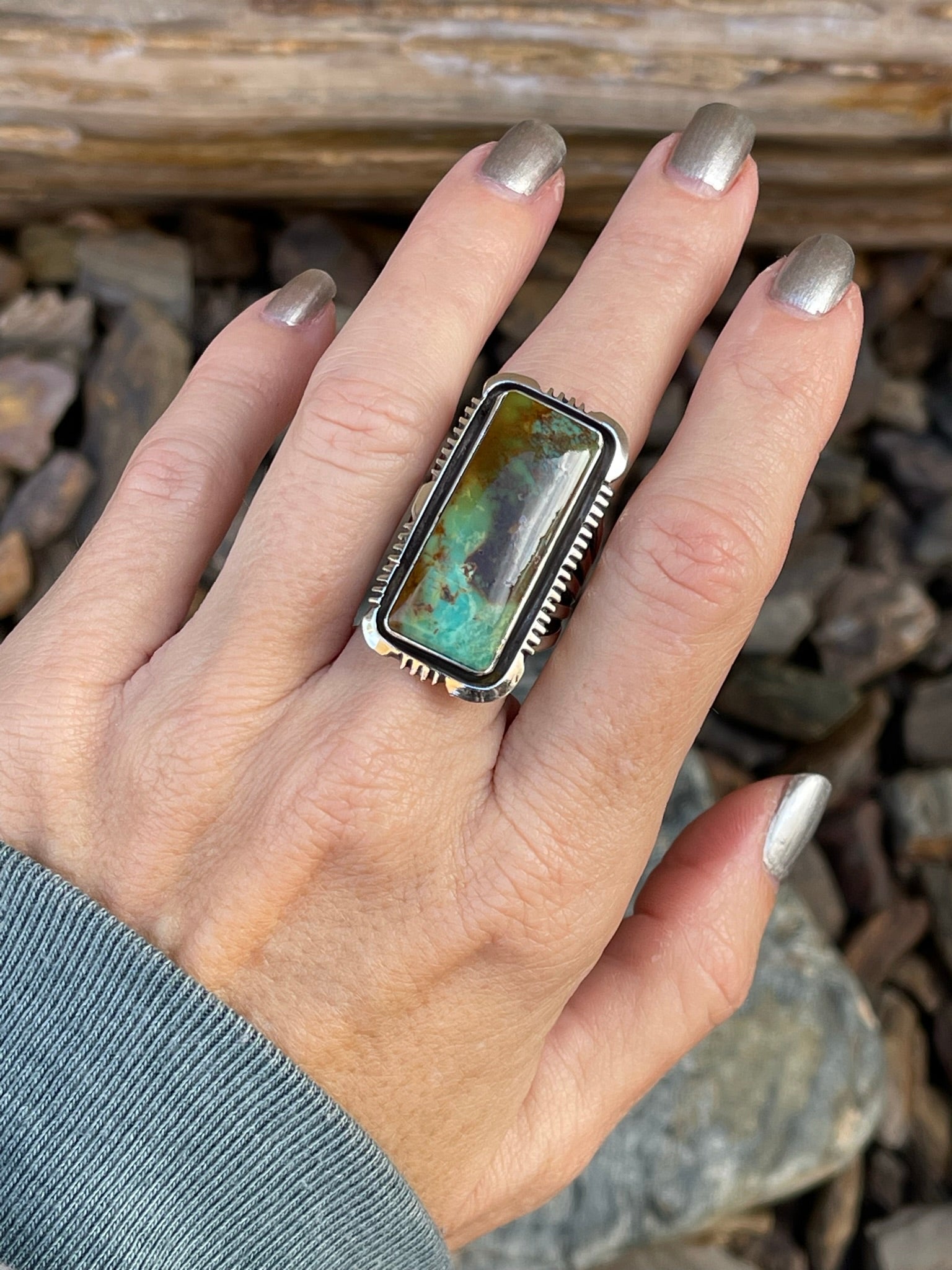 Hand Crafted Sterling Silver Rectangle Cut Kingman Turquoise Ring with Shadow Box Trim - Size 7 1/2