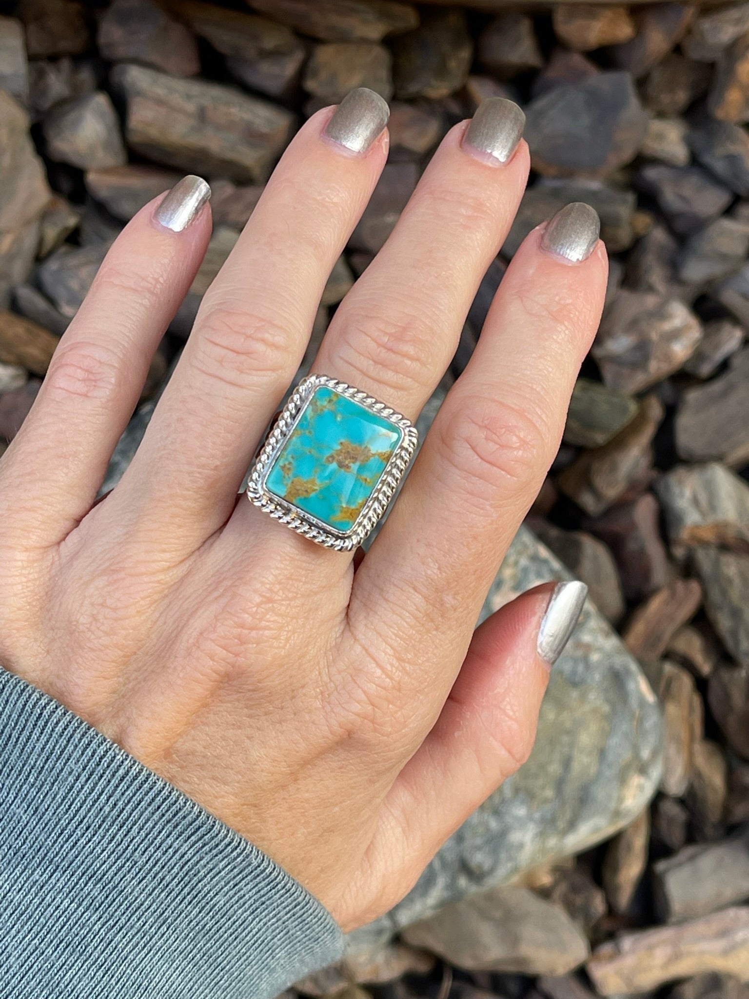 Square Cut Sterling Silver Kingman Turquoise Ring with Twist Trim - Size 6 1/2