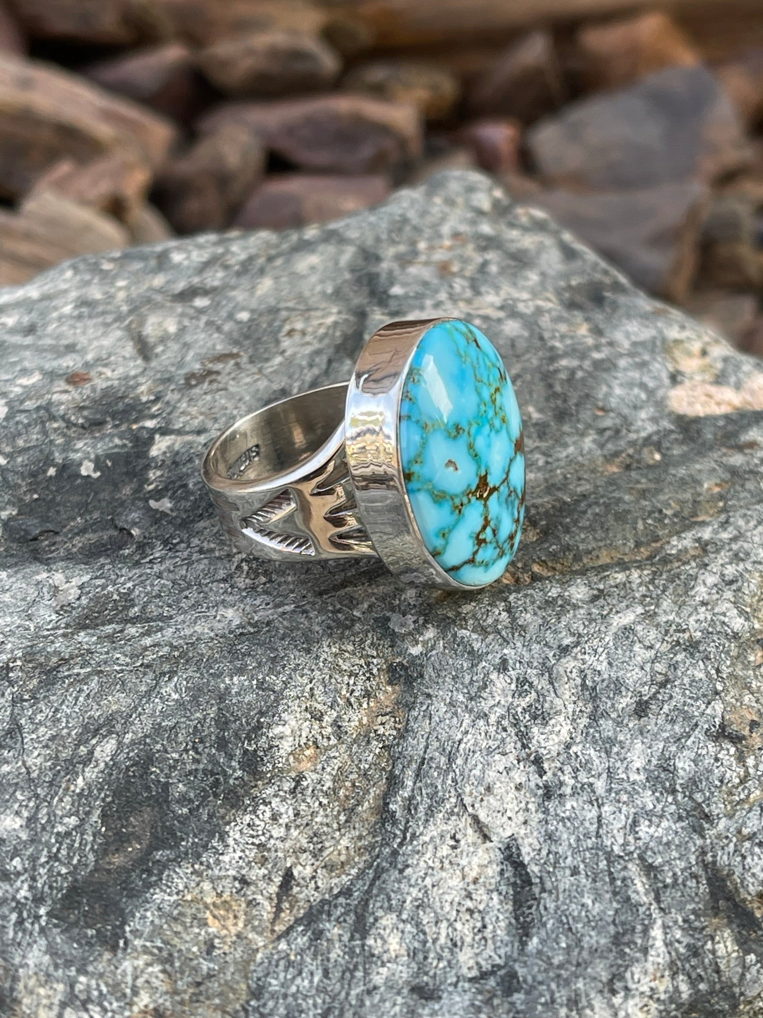 Handmade Sterling Silver Turquoise Ring with Plan Bezel Trim - Size 7