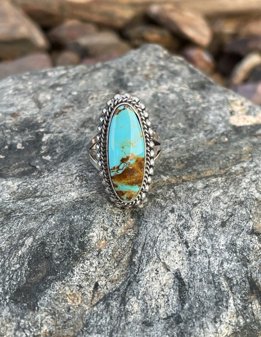 Sterling Silver Oval Kingman Turquoise Ring with Double Stack Trim