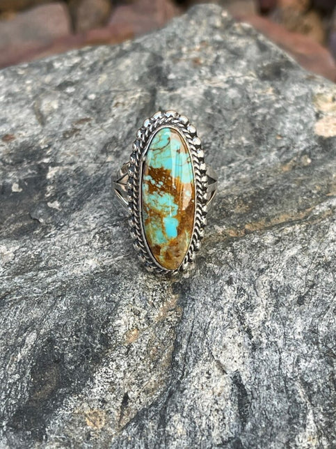 Handmade Sterling Silver Kingman Turquoise Ring with Double Stack Trim