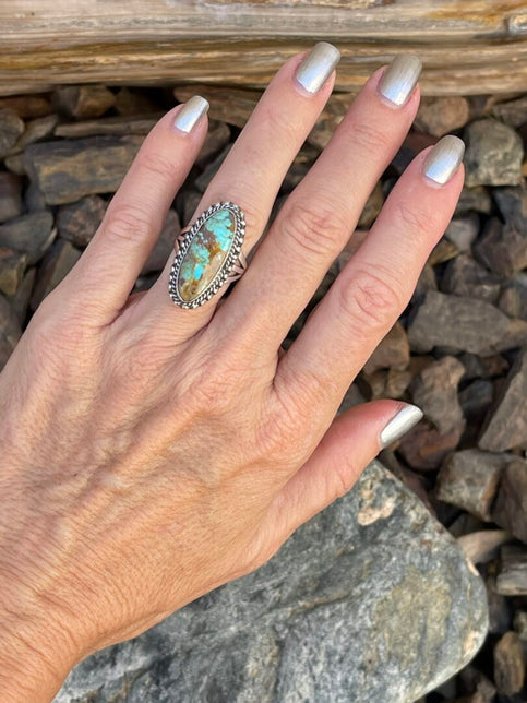 Handmade Sterling Silver Kingman Turquoise Ring with Double Stack Trim