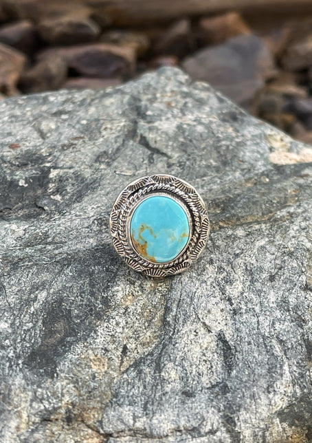 Round Handmade Solid Sterling Silver Blue Kingman Turquoise Ring - Size 6