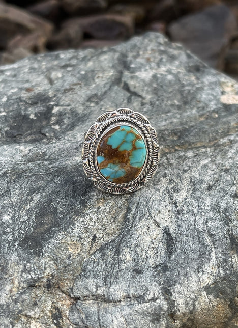 Round Handmade Solid Sterling Silver Kingman Turquoise Ring - Size 6
