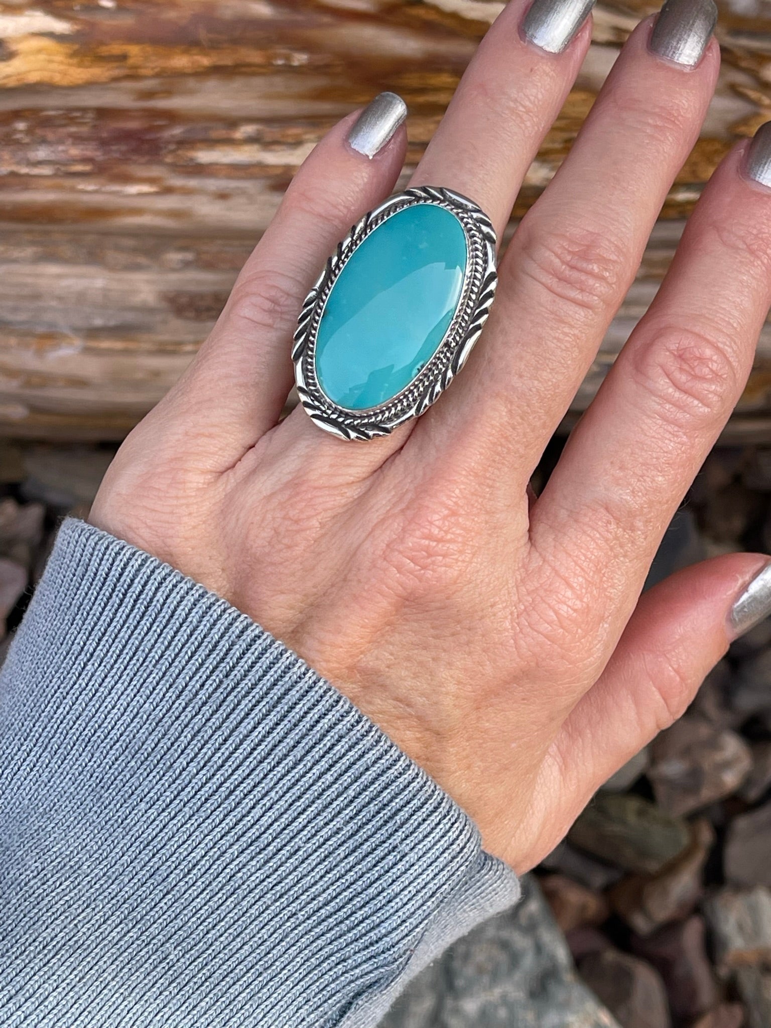 Handmade Sterling Silver Kingman Turquoise Ring with Five Prong Ring Shank- Size 5 1/2