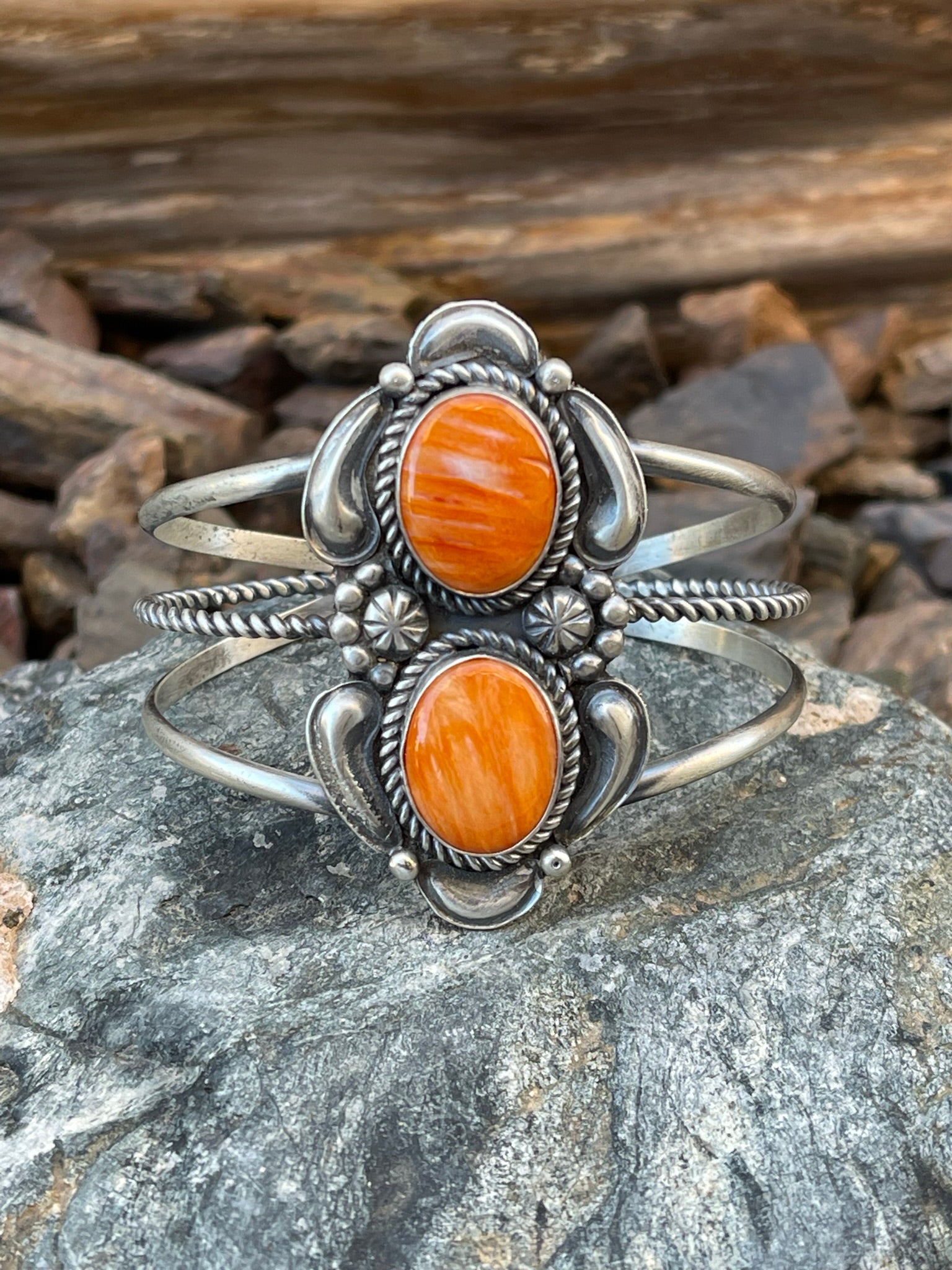 Hand Crafted Sterling Silver Two Stone Orange Spiny Oyster Bracelet with Repousse Detail