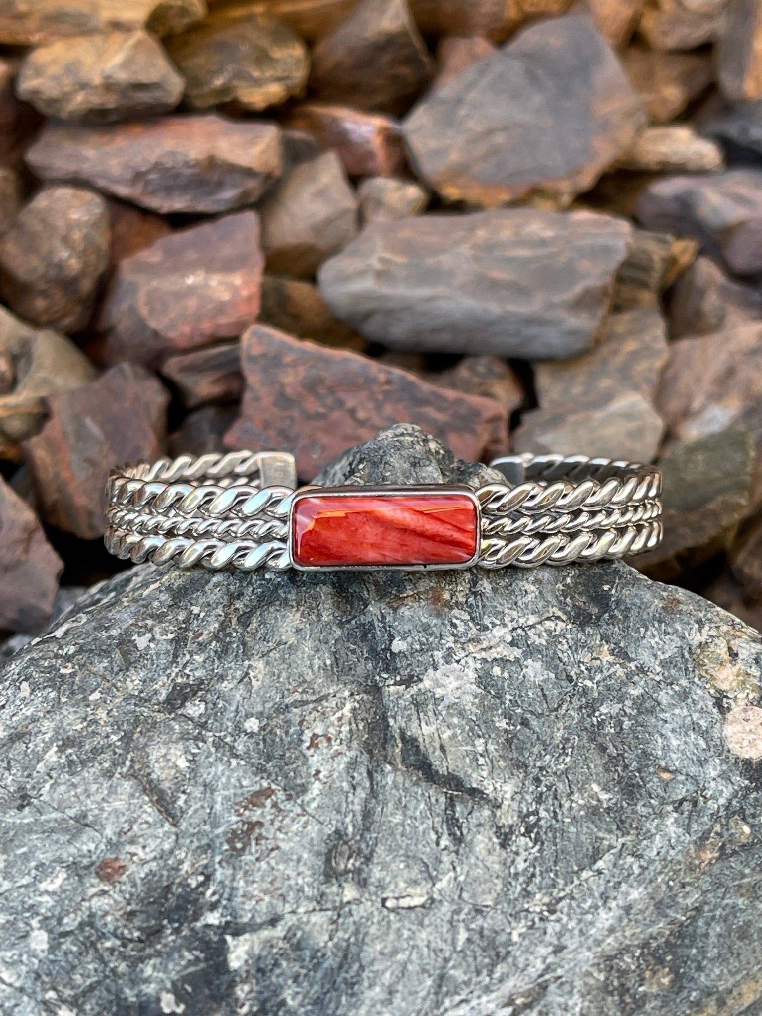 Solid Sterling Silver Red Spiny Oyster Bracelet with Triple Twist Detail