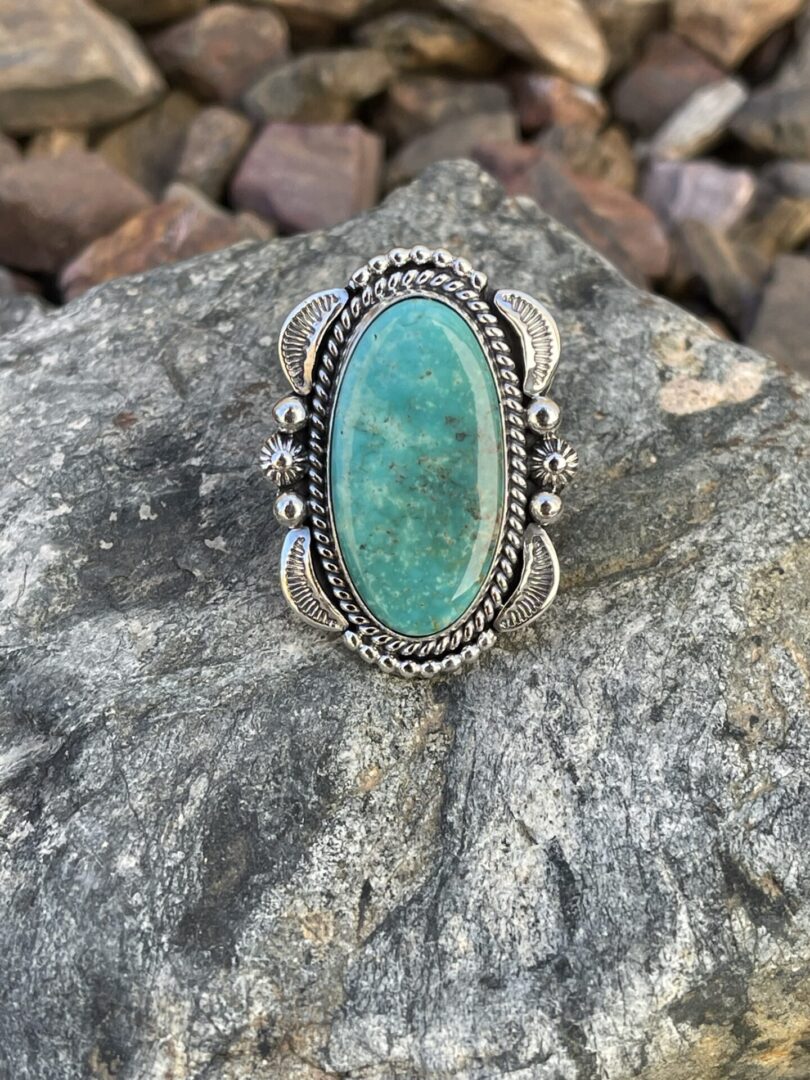 Large Sterling Silver Kingman Turquoise Statement Ring with Stamp Detail