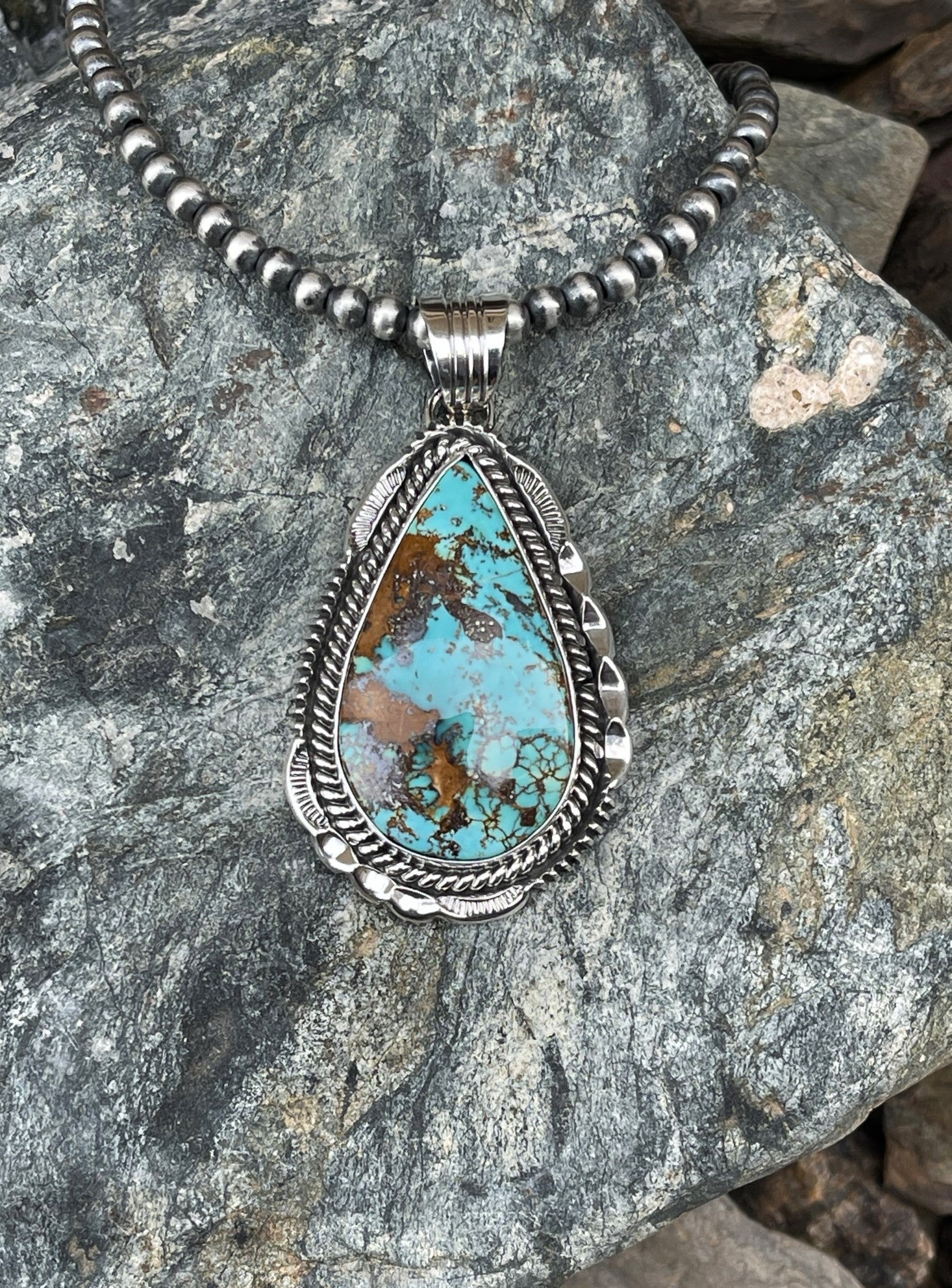 Handmade Sterling Silver Royston Turquoise Tear Drop Pendant with Double Trim Detail