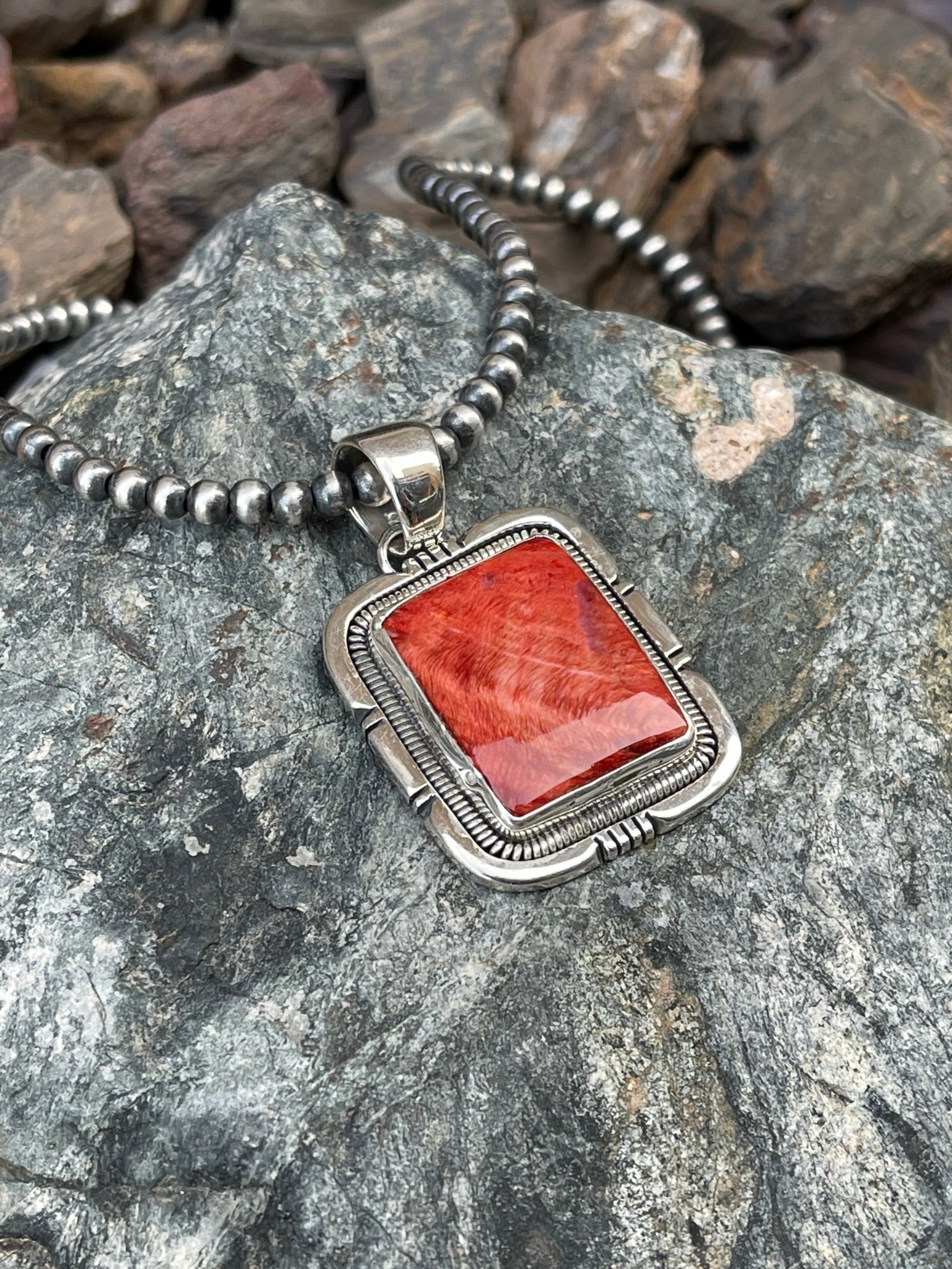 Handmade Solid Sterling Silver Red Spiny Oyster Pendant with Coil Detail