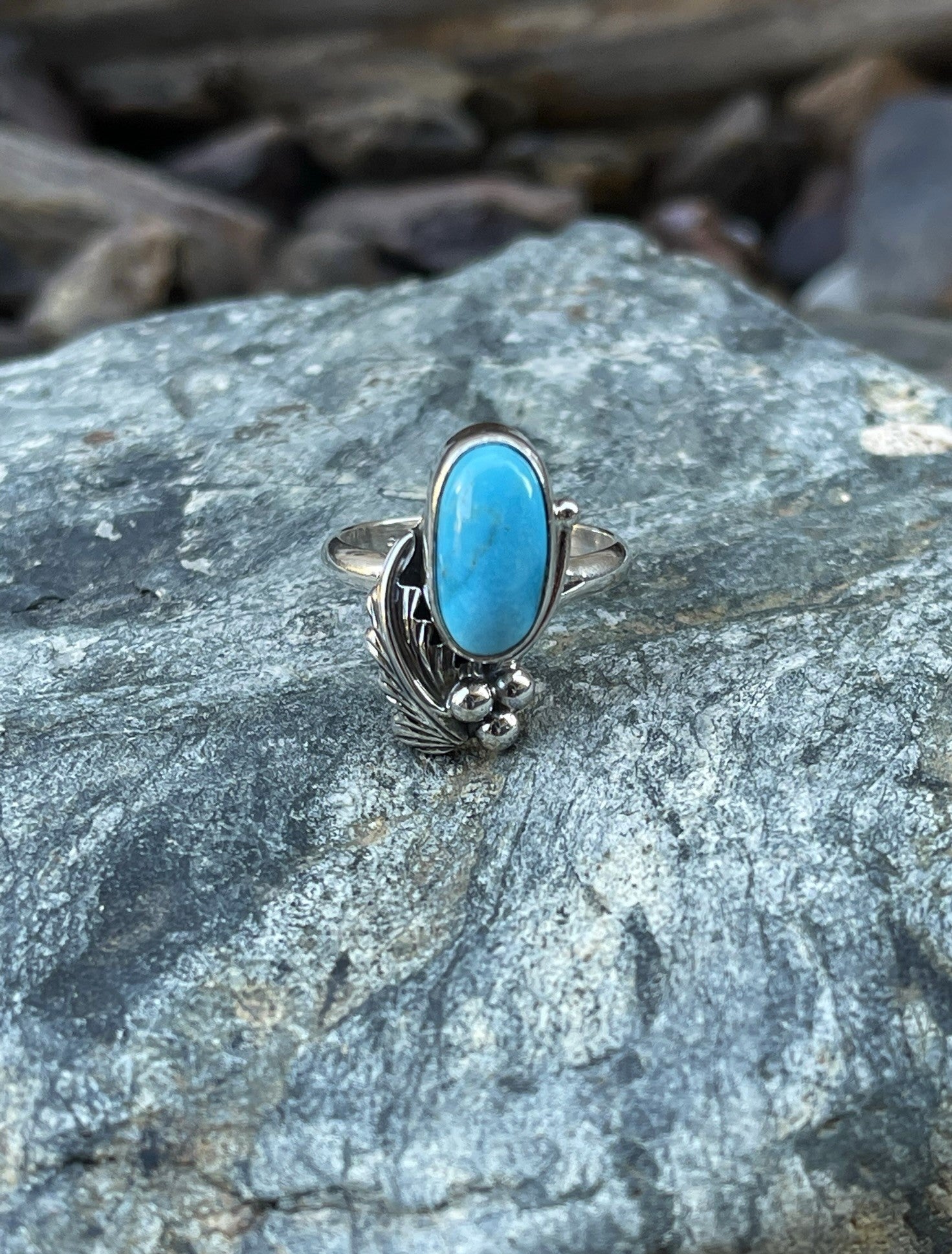 Hand Crafted Kingman Turquoise Ring with Feather and Bead Detail - Size 7 1/2