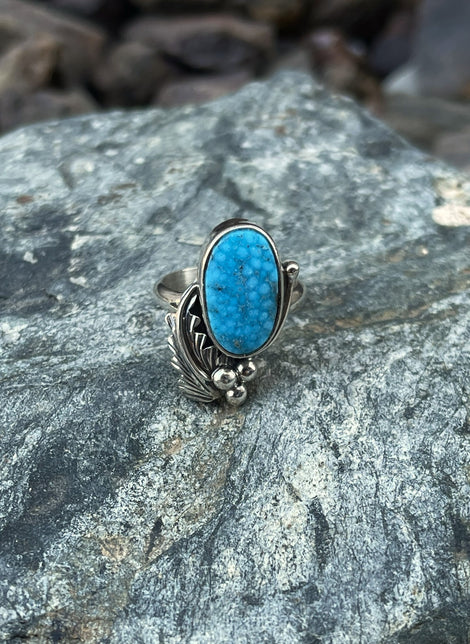Handmade Sterling Silver Turquoise Ring with Feather and Bead Detail - Size 6