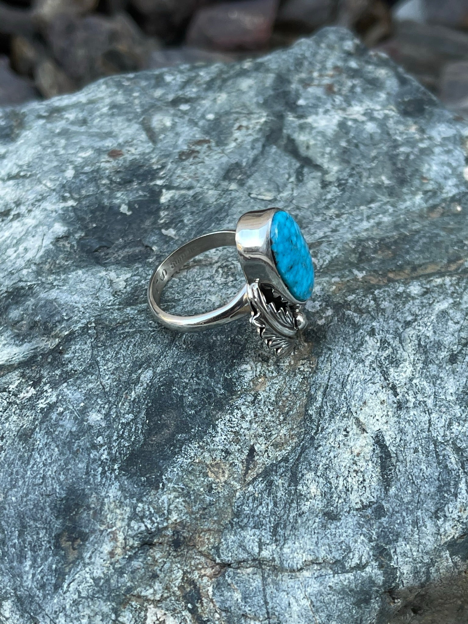 Handmade Sterling Silver Turquoise Ring with Feather and Bead Detail - Size 6