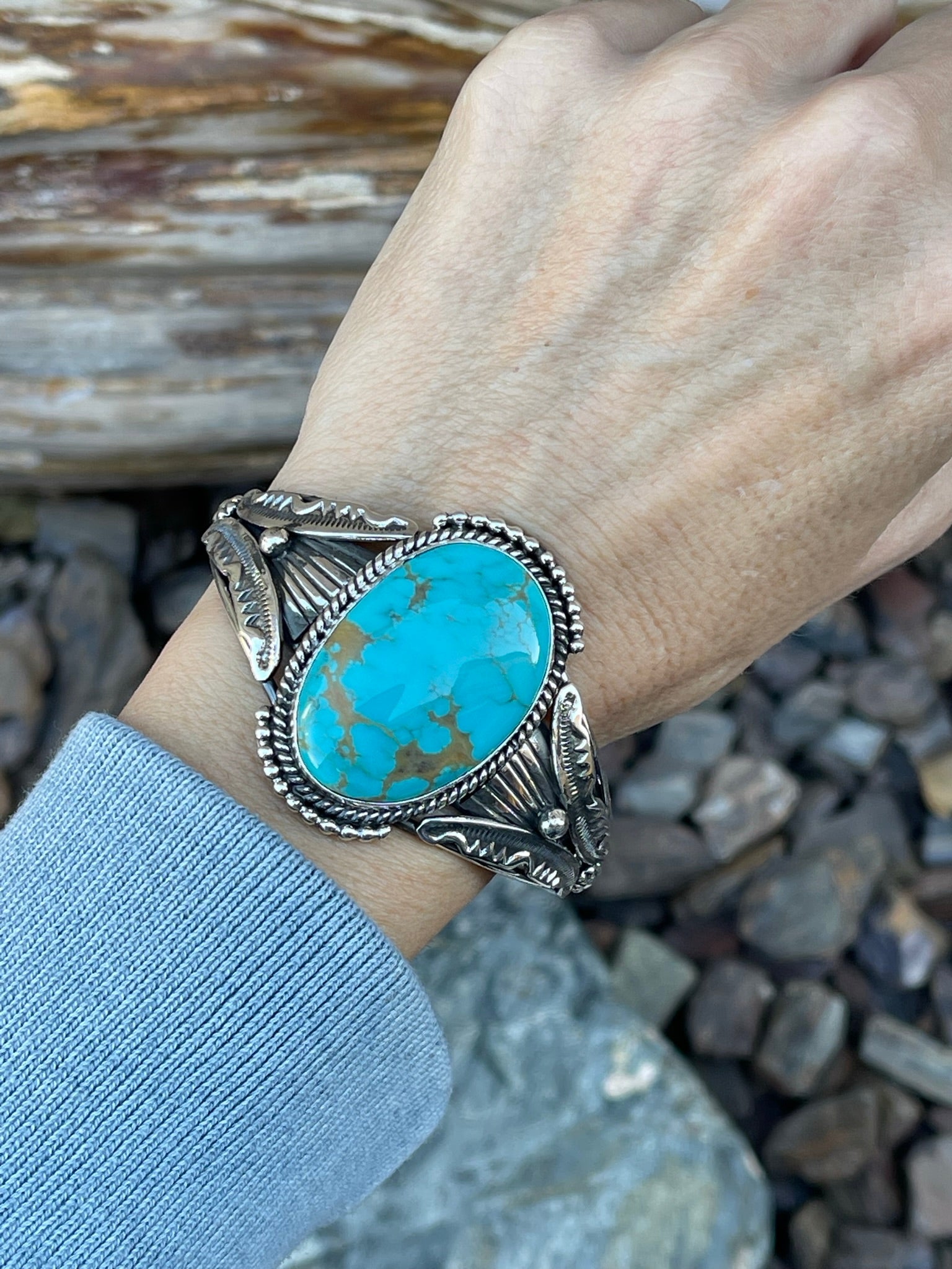 Large Sterling Silver Blue Kingman Turquoise Bracelet with Hand Stamped Detail