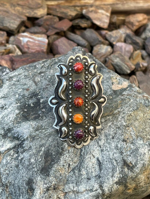 Large Rustic Style Sterling Silver 5 Stone Orange, Red and Purple Spiny Cocho Ring