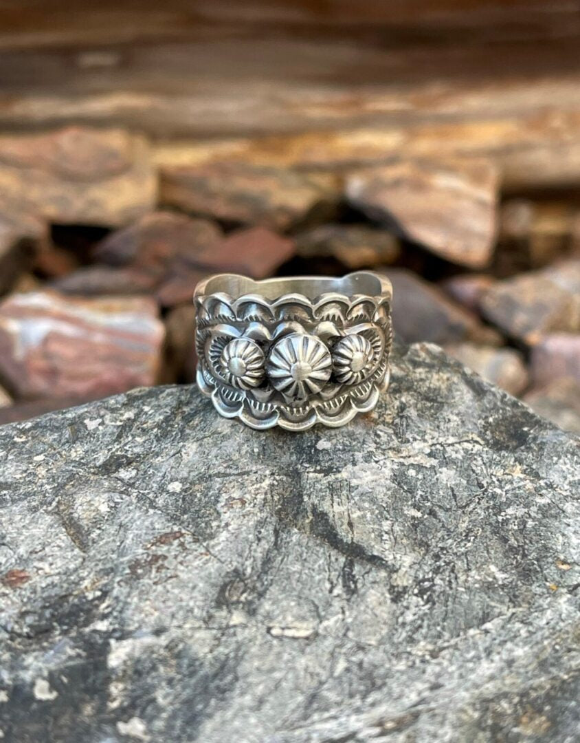 Handmade Solid Sterling Silver Stamped Bead Ring with Scallop Edge