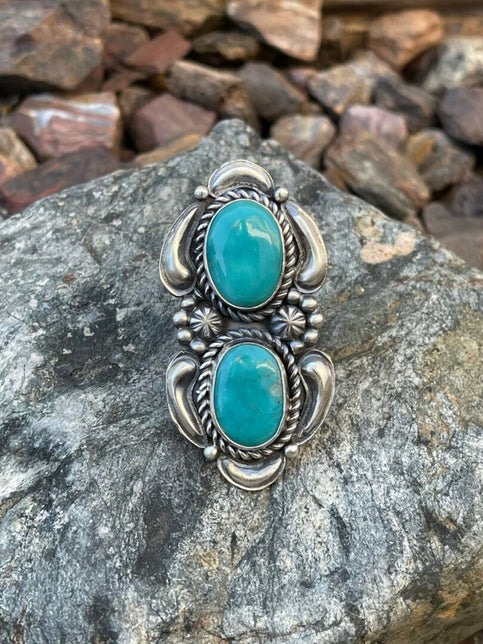 Large Two Stone Kingman Turquoise Ring with Satin Finish