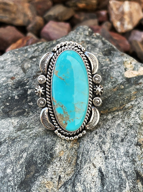 Large Kingman Turquoise Statement Ring with Stamp Detail