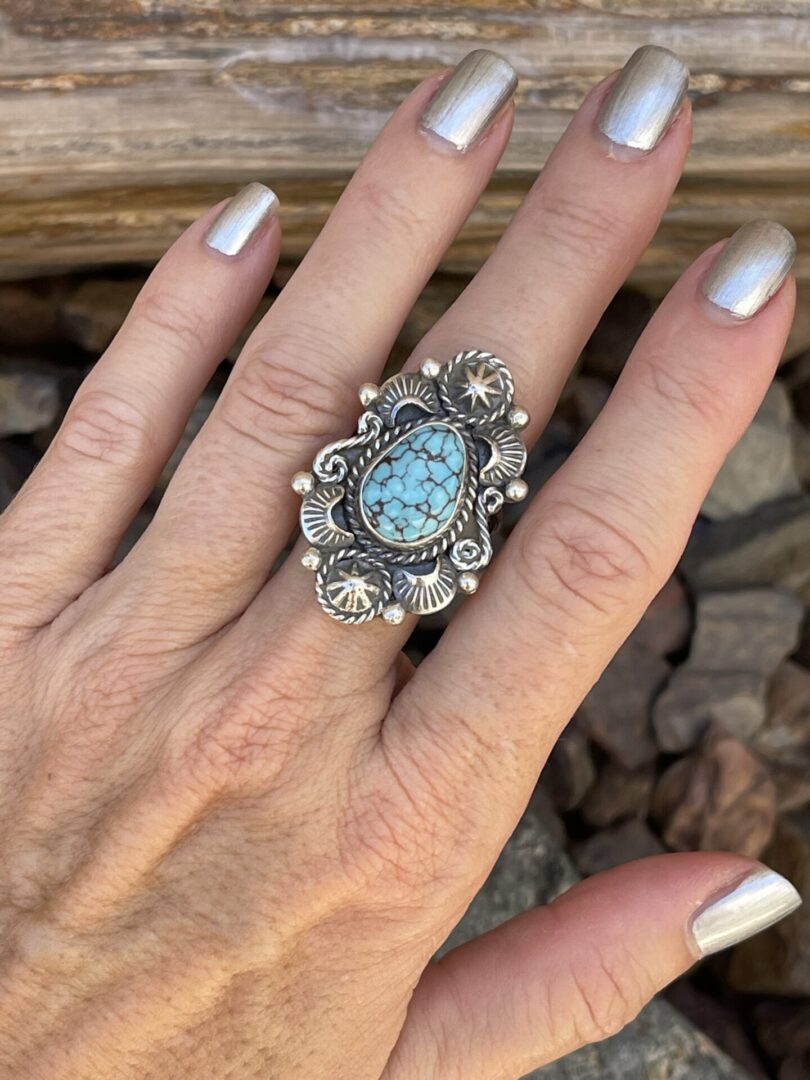 Detailed Sterling Silver Turquoise Ring in Middle Finger