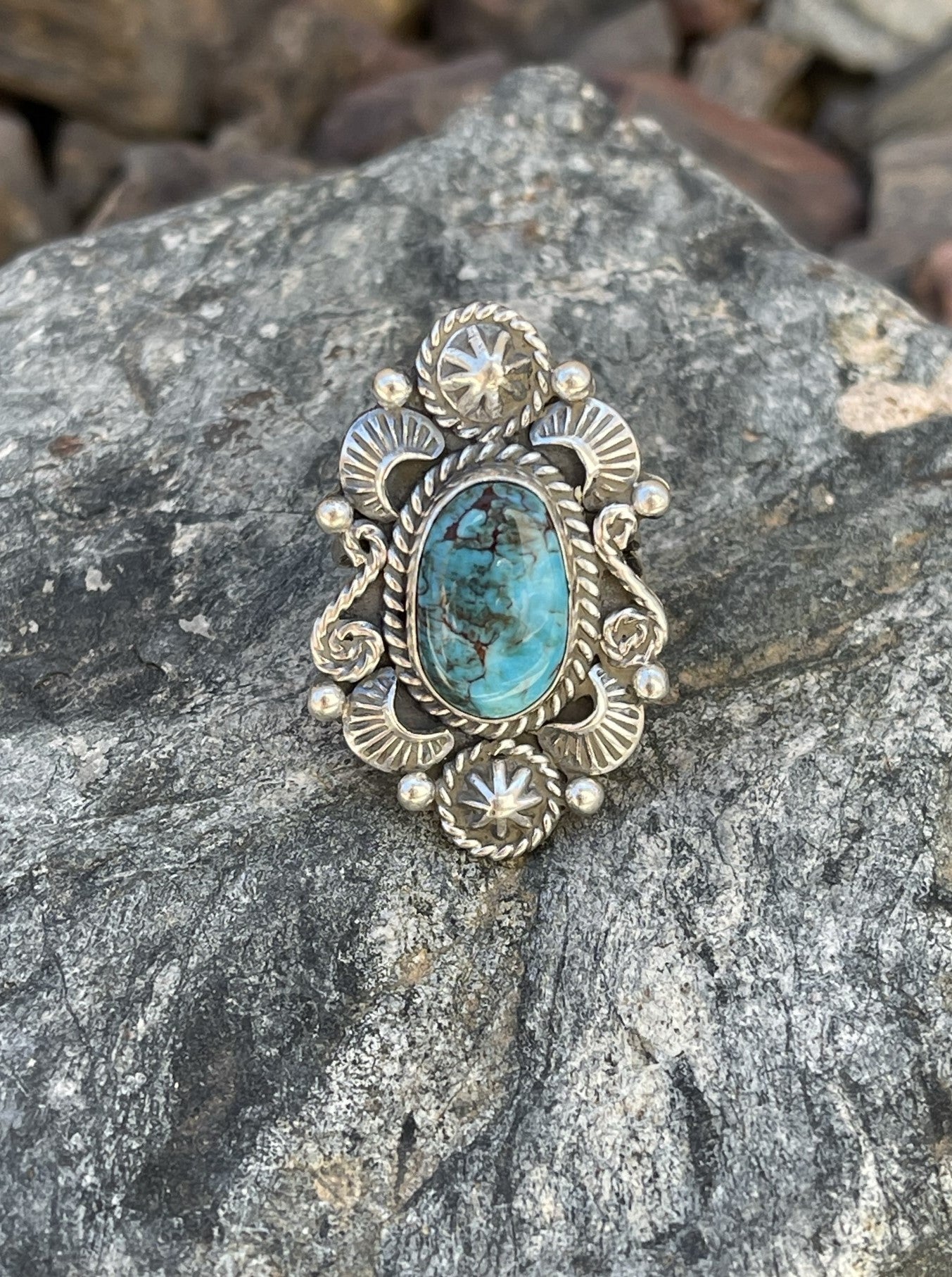 Hand Crafted Turquoise Ring with Stamp Bead Detail