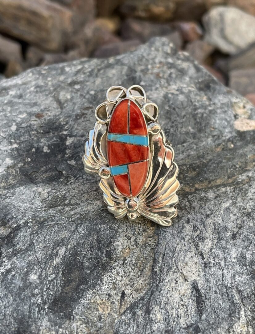 Sterling Silver Turquoise and Red Spiny Oyster Inlay Ring