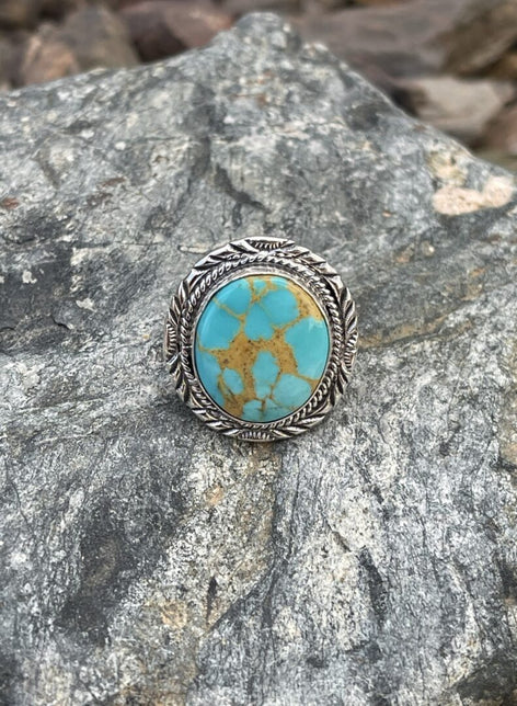 Round Kingman Turquoise Ring with Hand Stamped Trim