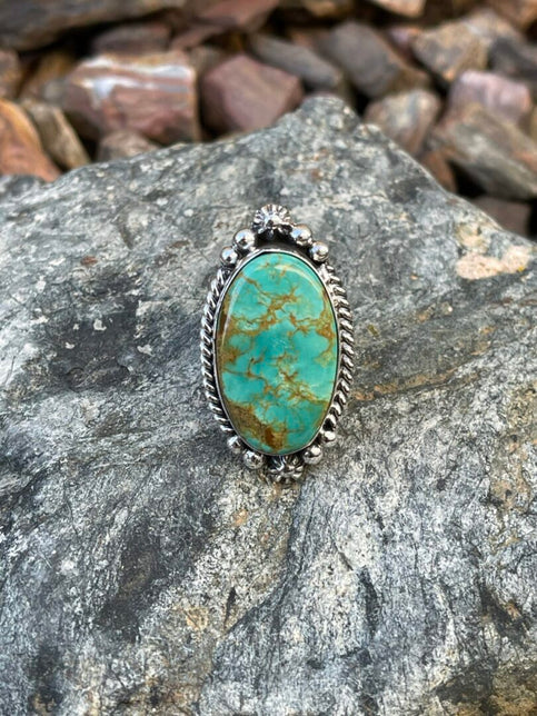 Sterling Silver Kingman Turquoise Ring with Beaded Details