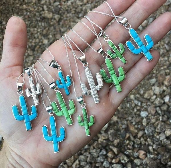 Reversible Sterling Silver Sleeping Beauty Turquoise Inlay Cactus Necklace (6)