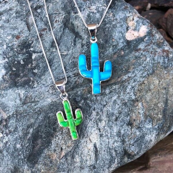 Reversible Sterling Silver Soft Green Gaspeite Inlay Cactus Necklace (4)