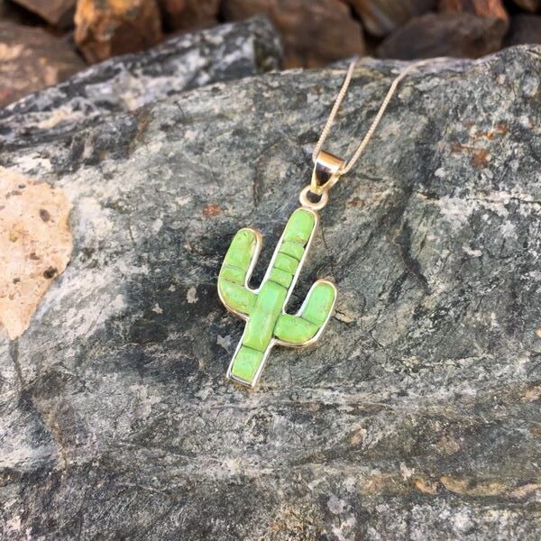 Reversible Sterling Silver Soft Green Gaspeite Inlay Cactus Necklace (6)