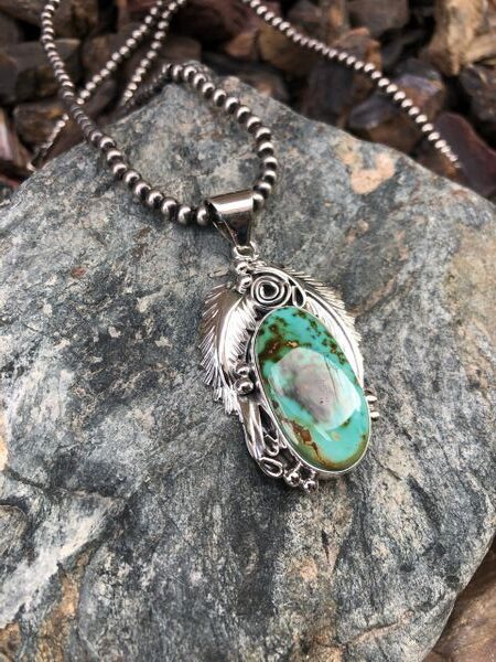 Royston Turquoise Pendant with Feather & Bead Detail (1)