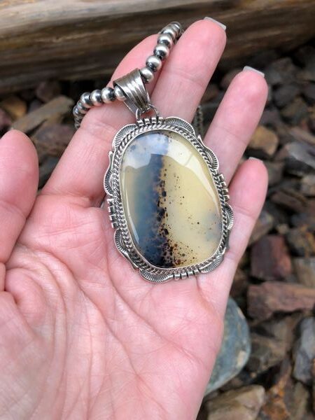 Signature Large Montana Agate Pendant with Traditional Hand Stamped Detail (2)
