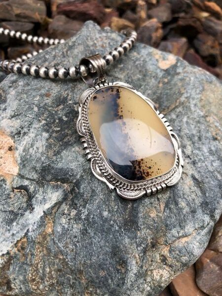 Signature Large Montana Agate Pendant with Traditional Hand Stamped Detail (4)