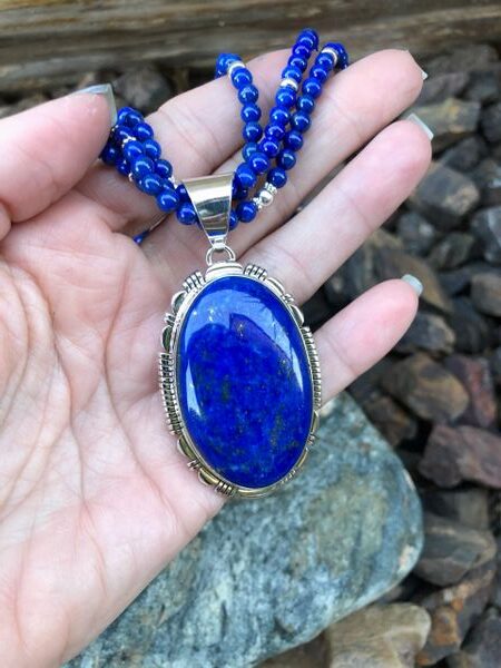 Sterling Silver Blue Lapis Necklace with Matching Triple Strand Beaded Necklace 4