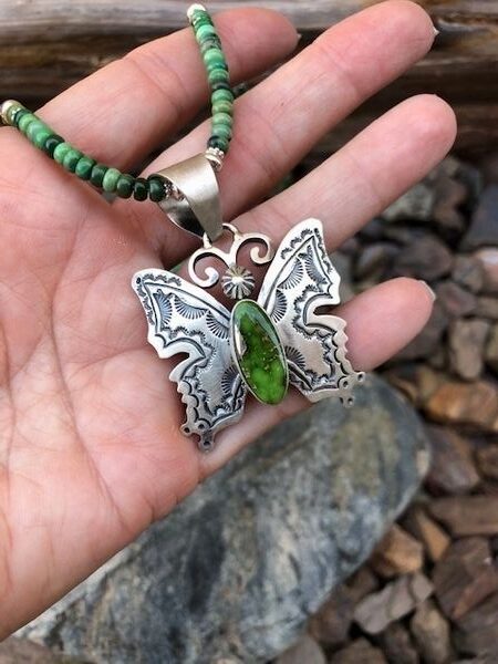 Sterling Silver Green Sonoran Gold Turquoise Butterfly Beaded Necklace (2)