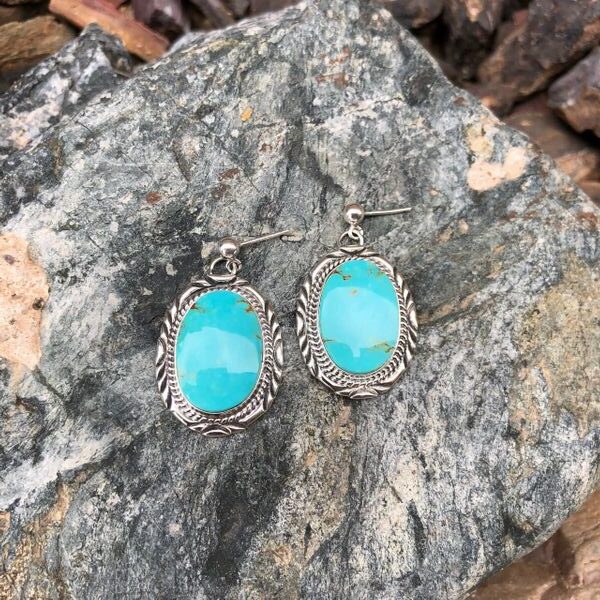 Traditional-Hand-Stamped-Sterling-Silver-Kingman-Turquoise-Dangle-Earrings-1