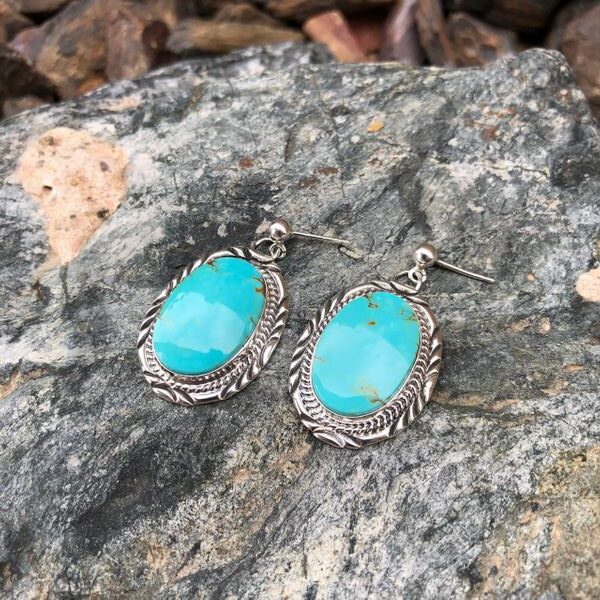 Traditional-Hand-Stamped-Sterling-Silver-Kingman-Turquoise-Dangle-Earrings-2