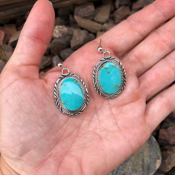 Traditional-Hand-Stamped-Sterling-Silver-Kingman-Turquoise-Dangle-Earrings-3