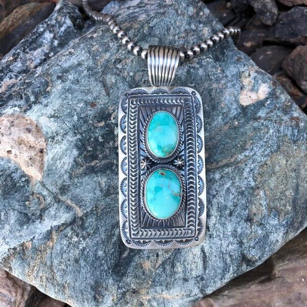 Two Stone Royston Turquoise Hand Stamped Pendant (1)