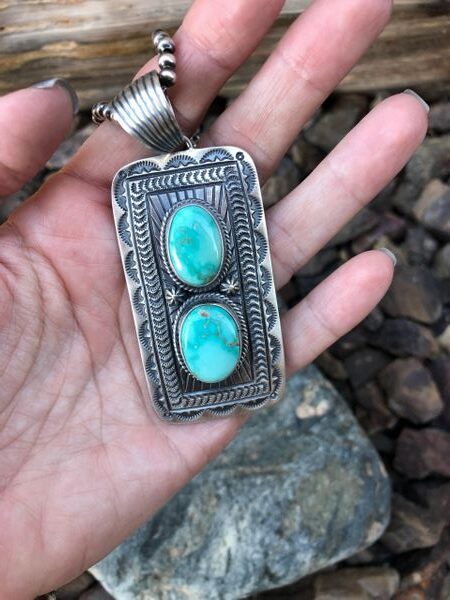 Two Stone Royston Turquoise Hand Stamped Pendant (2)
