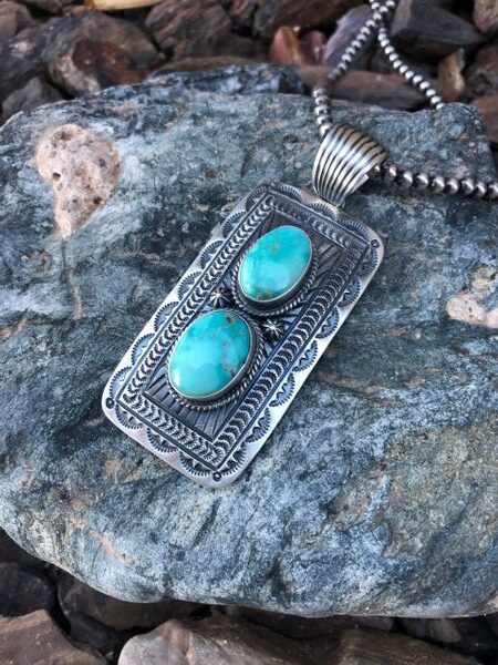 Two Stone Royston Turquoise Hand Stamped Pendant (3)