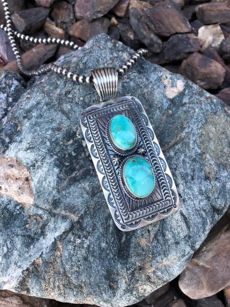 Two Stone Royston Turquoise Hand Stamped Pendant (4)