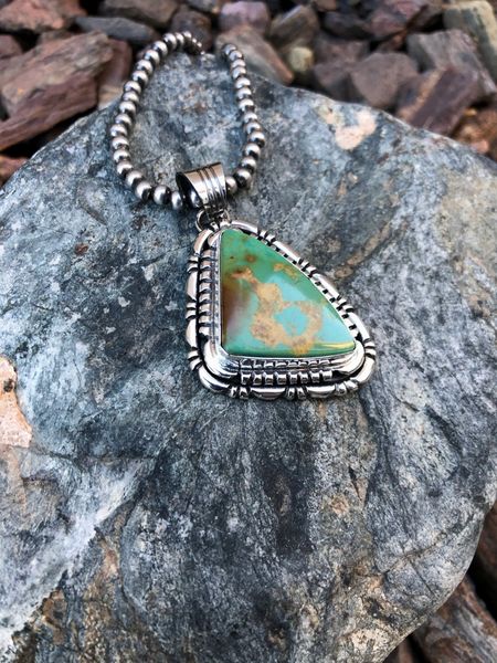 Sterling Silver Green Kingman Turquoise Pendant with Double Stack Trim