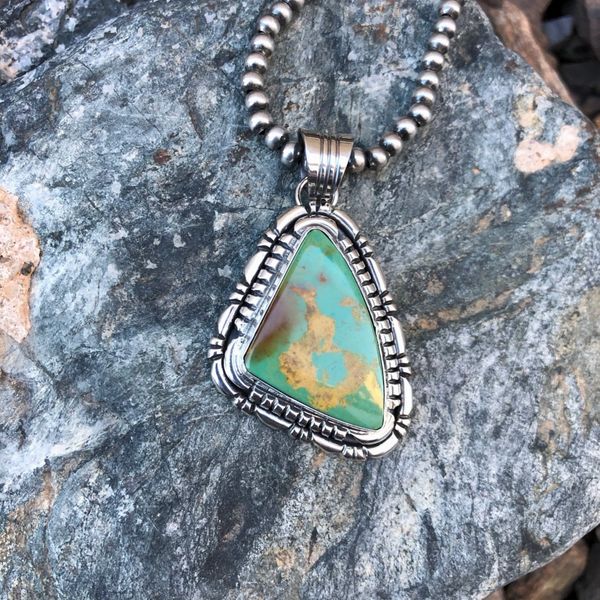 Sterling Silver Green Kingman Turquoise Pendant with Double Stack Trim