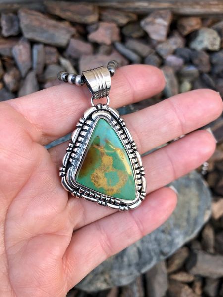 Handmade solid sterling silver green Kingman turquoise pendant with double stack trim
