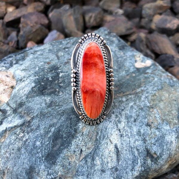 Large Sterling Silver Orange Spiny Ring with Beaded Detail