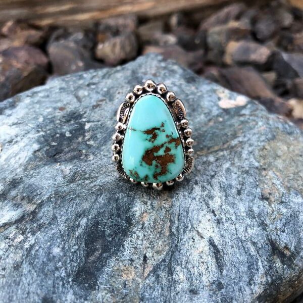 Sterling Silver Soft Blue Royston Turquoise Ring with Beaded Detail