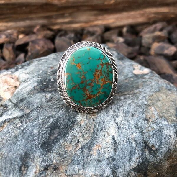 Large Round Kingman Turquoise Ring with Traditional Hand Stamped Trim